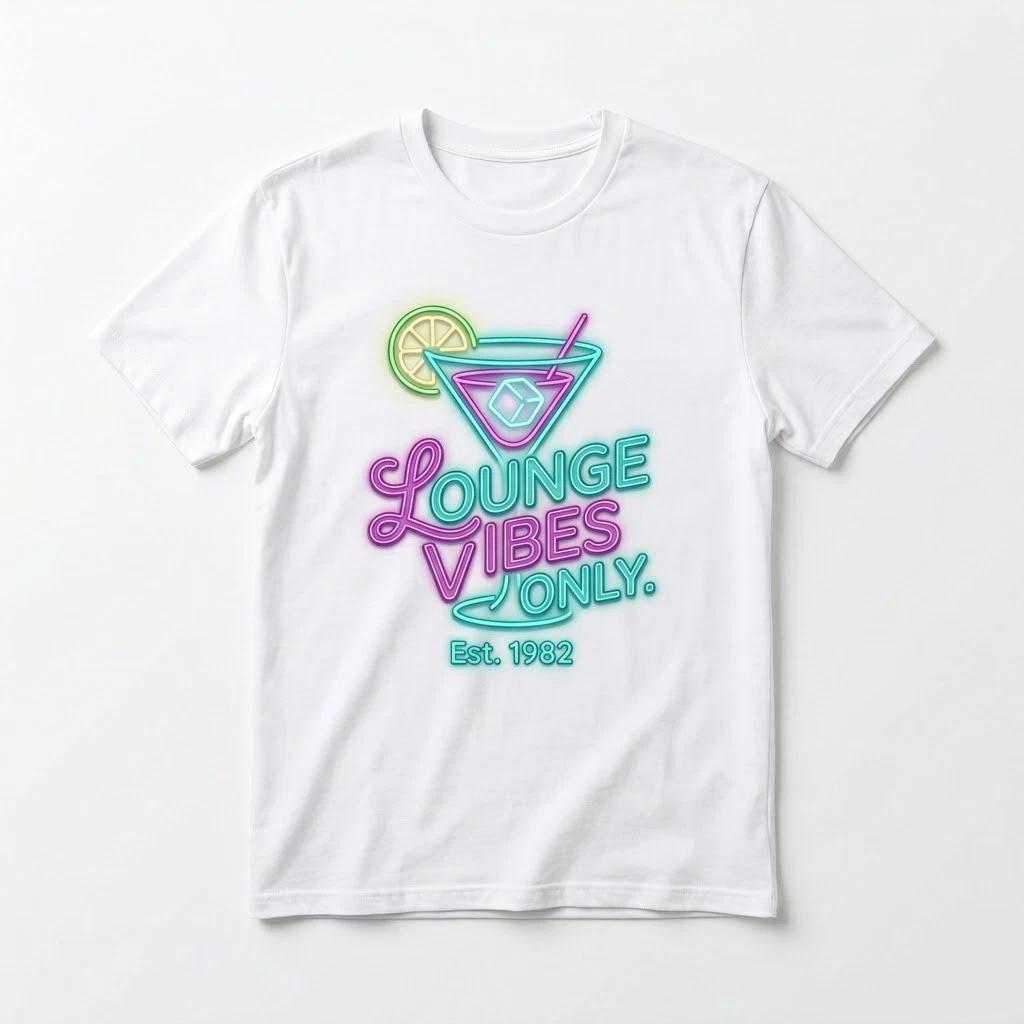 Lounge Vibes Only Retro Neon T-Shirt - Est. 1982 Vintage Cocktail Graphic Tee M