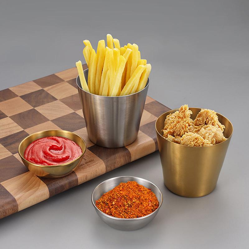 Stainless Steel Kitchen Dipping Sauce Bowl Golden Silver Ketchup Fries Cup Seasoning Dish Hot Pot Condiment Tray Tablewar