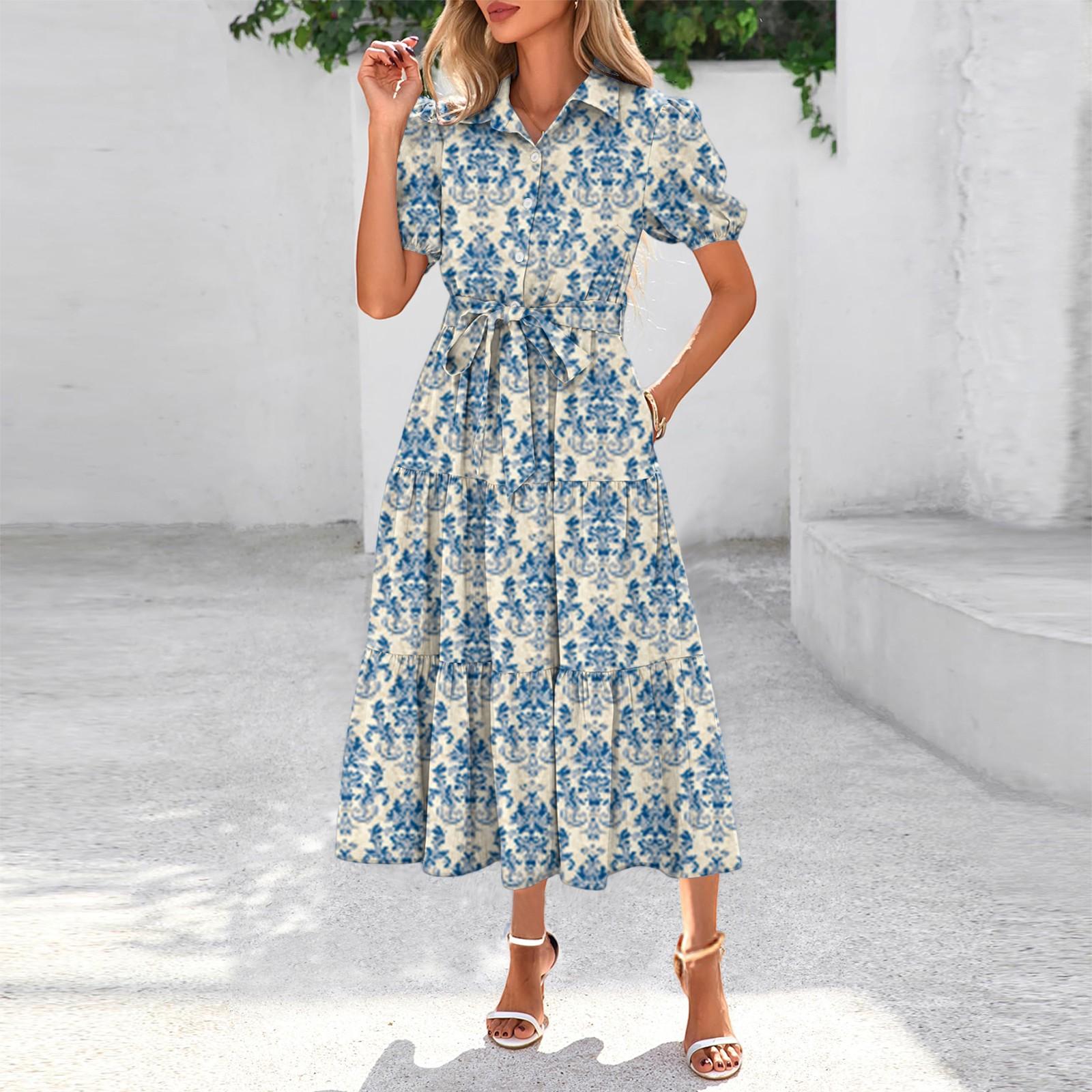 

Womens Summer Dresses Short Sleeve Button Tie Waist Boho Flowy Maxi Dress XL