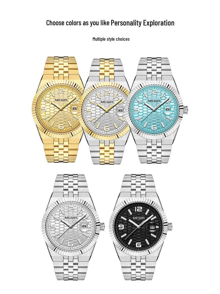MEGIR Lucifiel Men's Luminous Waterproof Steel Band Quartz Calendar Watch