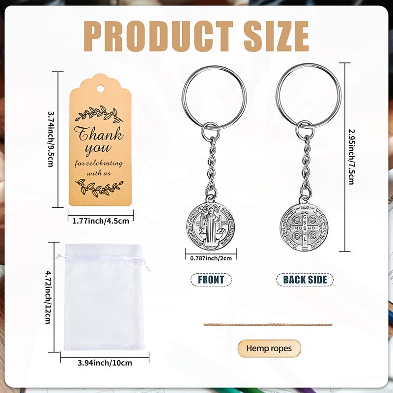 Baptism Key Ring Double Sided St Benedict Medal Keychain With Organza Gift Bags - 24 Sets First Communion Favors For Guests
