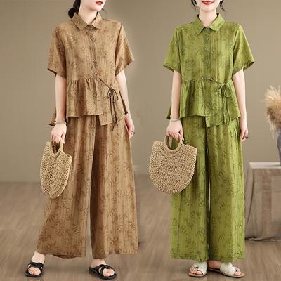 DIMANAF 2026 Plus Size Summer Pants Suits Women Sets Suits Loose Tops Shirts Long Pants Loose Casual Print Clothing