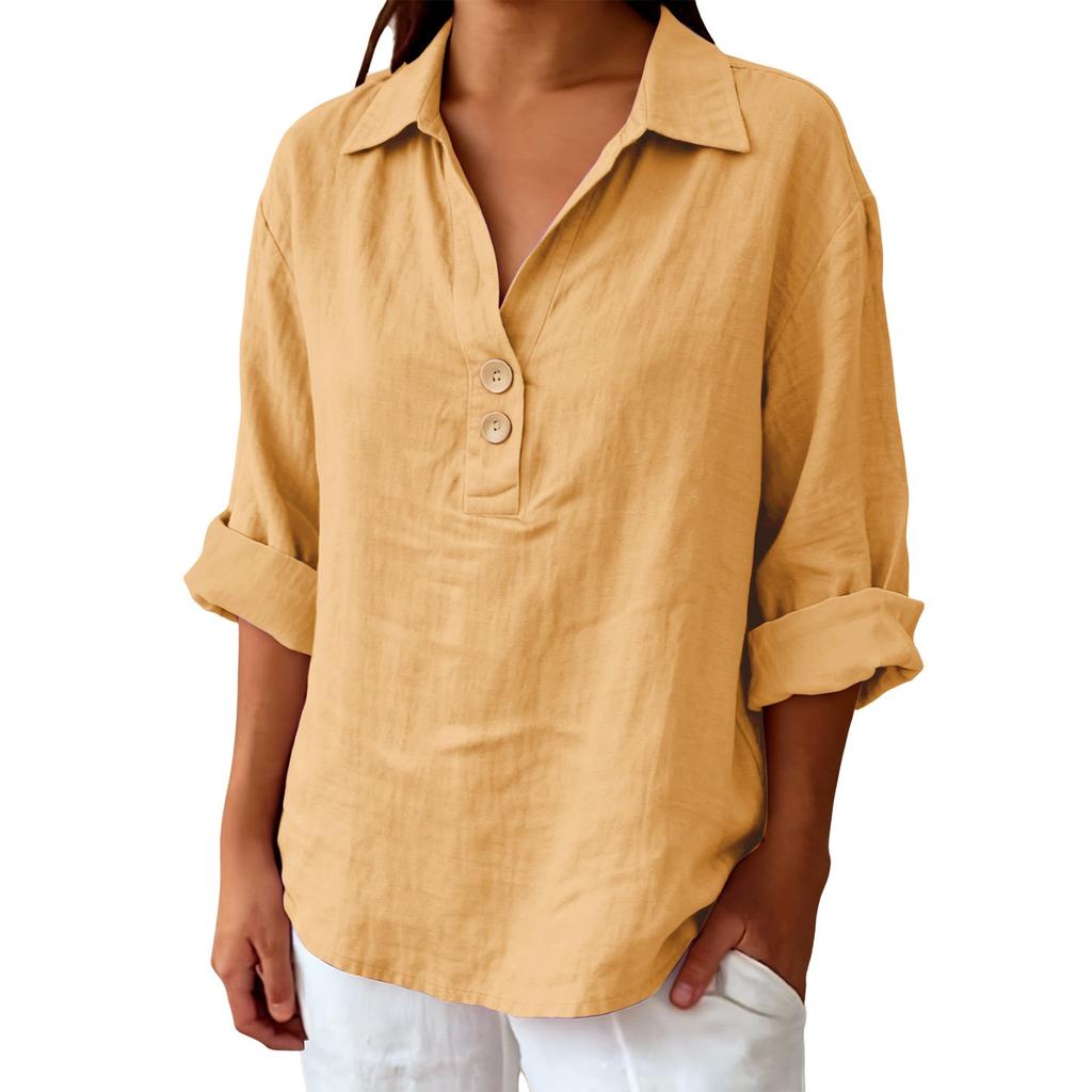 Women's Shirt Seven-Sleeve Lapel Cotton Linen Top Solided Color Casual Breathable Lapel Shirt