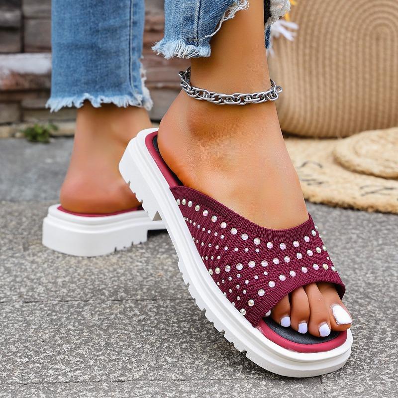 Fashion Ladies Slippers Summer Fashion Casual Mesh Comfortable Sequined Platform Waterproof Slippers Outdoor Flat Shoes. Plus Size43