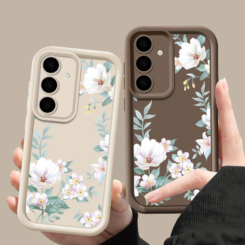White Flower Pattern Matte TPU Soft Phone Case For Samsung S25 Plus S24 FE S23 Ultra S22 A56 A36 A16 A15 A55 A06 A05 A35 A34 Shockproof Bumper Cover