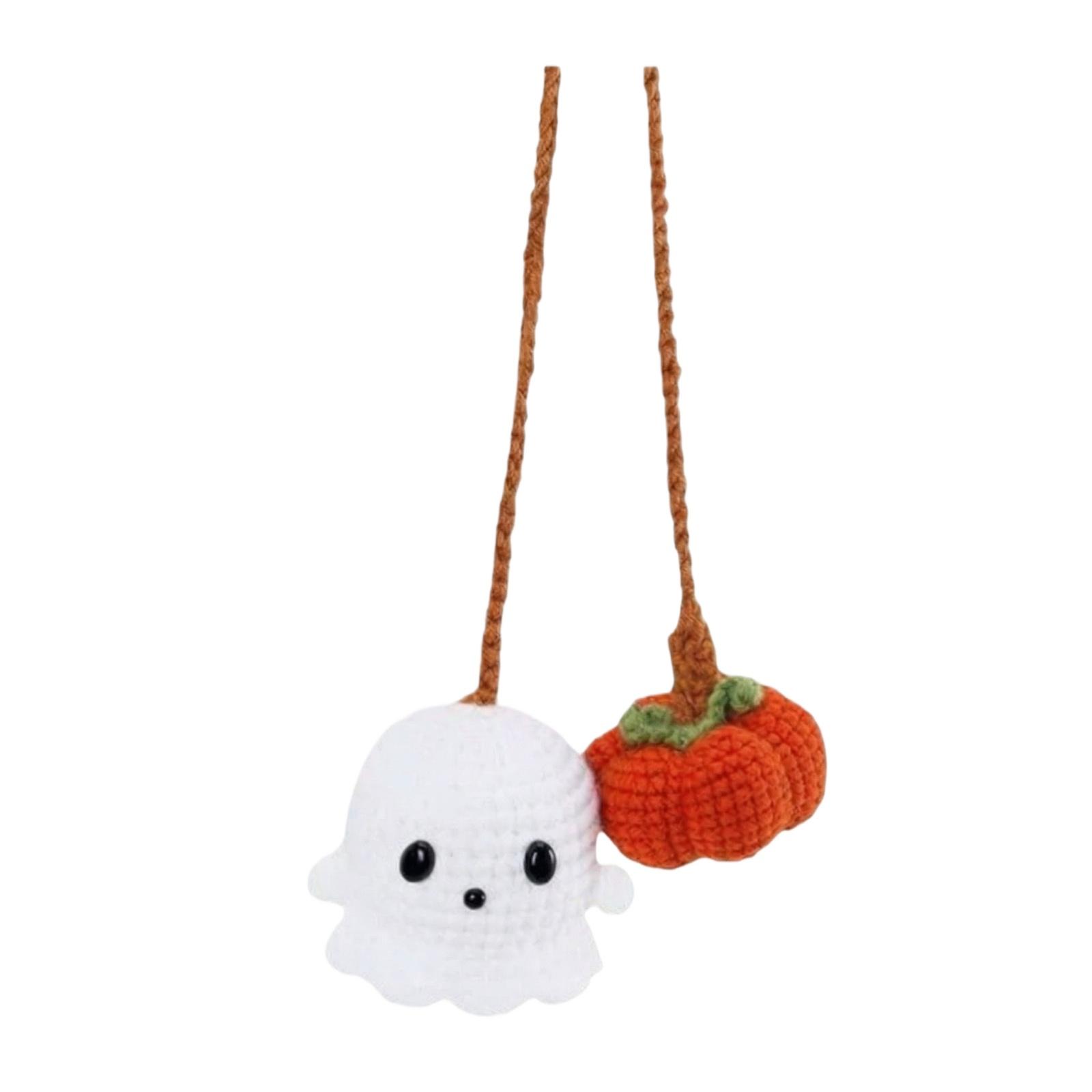 

Handcrafted Plush Halloween Car Hanging Ornament Set Cartoon Style Soft Knit Ghost and Pumpkin Decorations for Car Interior or Home Display One Size