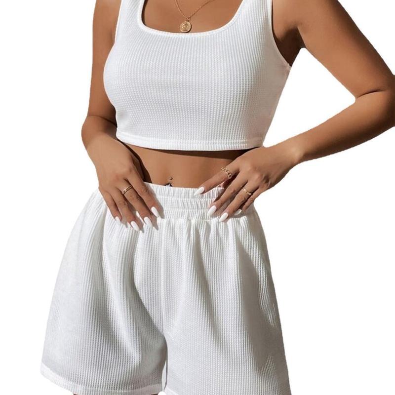 Damen Zweiteiler Sommer Strick Ärmelloses Crop Top und High Waist Kurze Lounge Sets