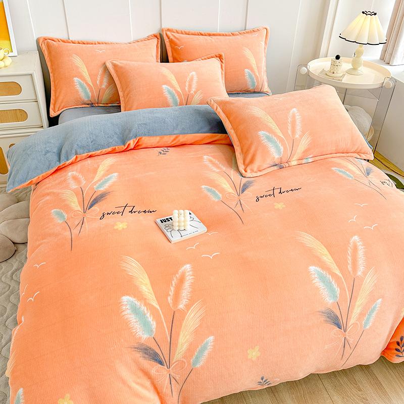 Thickened Milk Fleece Printing Four-Piece Set, Fleece Warm Coral Fleece Skin-Friendly Student Dormitory