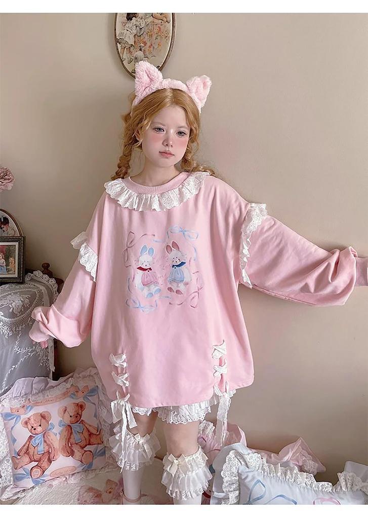 LAVASEON Cute Rabbit Print Long Lace Collar with Loose Korean Student Mori Girl Plus Sizes Hoodie, Length, Women's, Ribbon, School-Style, Fit,