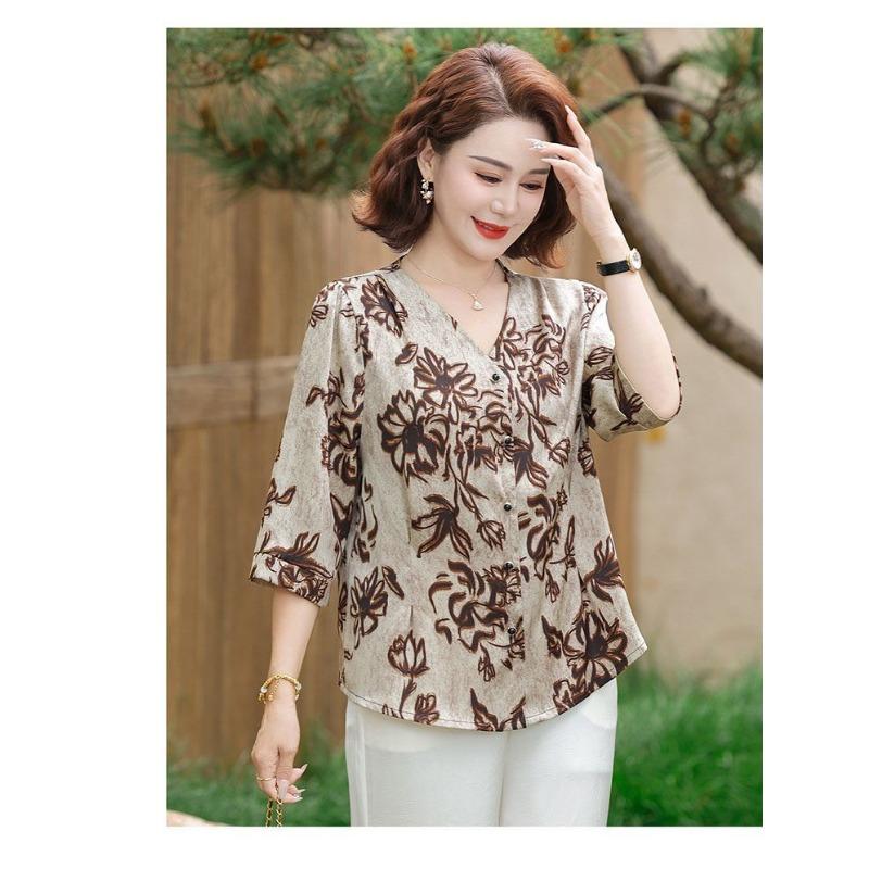 Temperament Middle-aged and Elderly Summer Floral Tops Fashionable Three-quarter Sleeve Cardigans Versatile