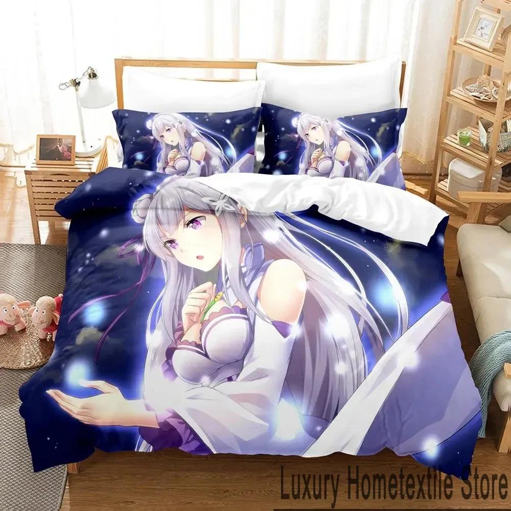 3D Anime Re Zero Rem Ram Emilia Bedding Set Duvet Cover Bed Set Quilt Cover Pillowcase Comforter King Queen Size Boys Adult