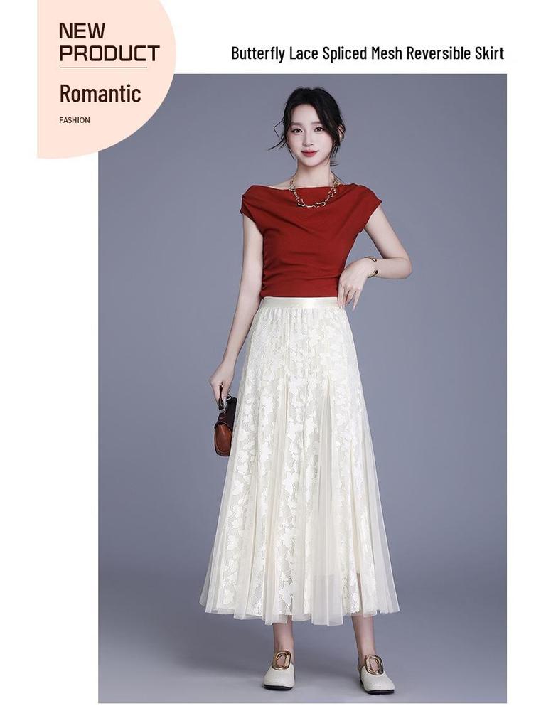 A-line Midi Skirt: High Waist Mesh Lace Patchwork for Women - Spring/Summer 2026