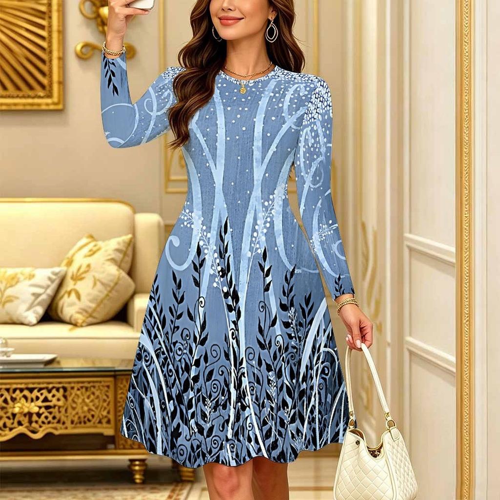 Women Long Sleeve Round Neck Midi Dress Boho Gradient Tie Dye Floral Stripe Plum Blossom Print Flared Casual Dress