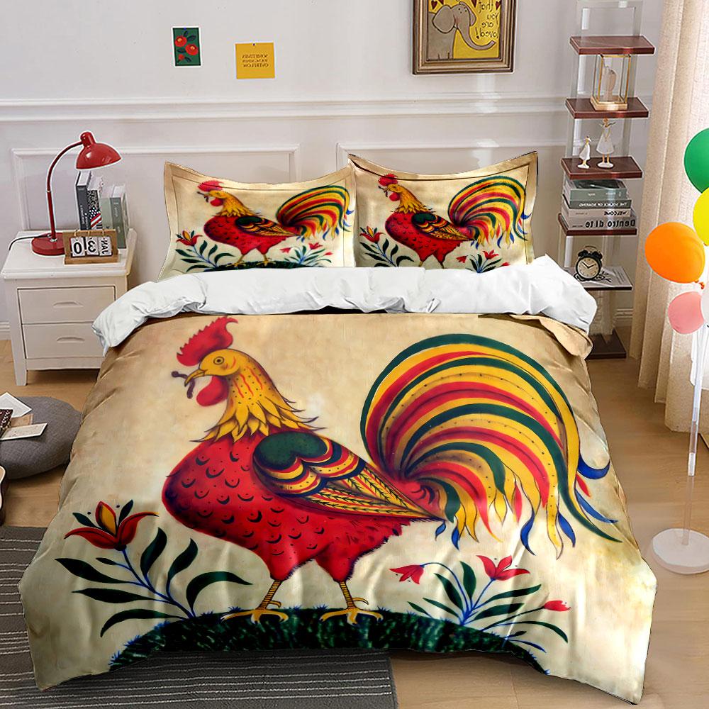 Colorful rooster with flowers. Bedding sets Duvet cover sets Duvet covers Pillowcases(1* Duvet Cover 2* Pillowcases without duvet insert)