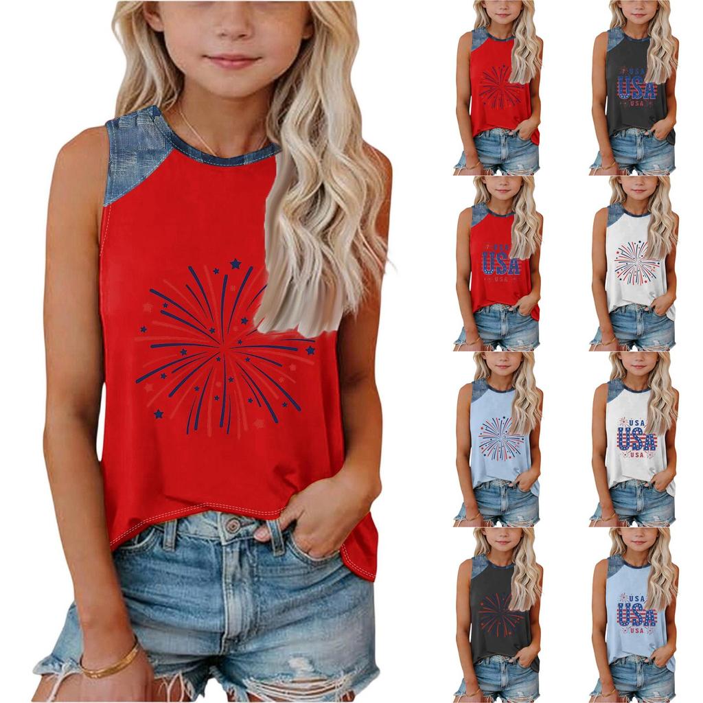 Girls Sleeveless Loose Fit Tank Top Independence Day Firework Print Round Neck Denim Patchwork T Shirt Summer Casual Tee