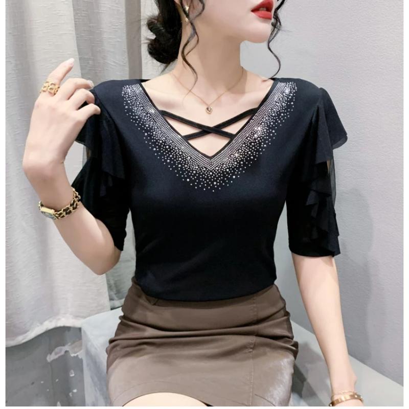 New Summer European Clothes Women's T-Shirt Fashion Sexy V-Neck Shiny Diamonds Tops Chic Hollow Out Short Sleeve All Match Tees