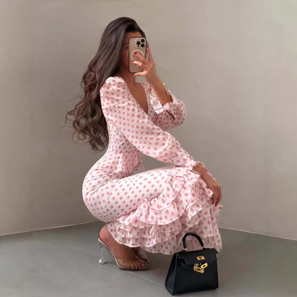 European and American Cross-border Women's Clothing 2026 Spring New Long-sleeved Horn-sleeved Ruffle Edge Printed V-neck Slim-fitting Temperament Dres