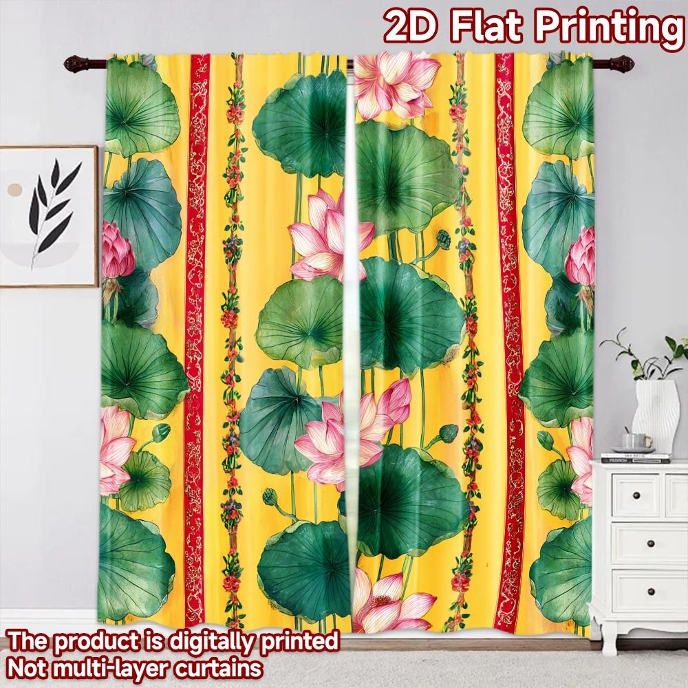 2D Flat Printing 2pcs Curtain Curtain Festive Lotus Leaves Design Digital Printed Polyester Drapes Family Party Perfect for