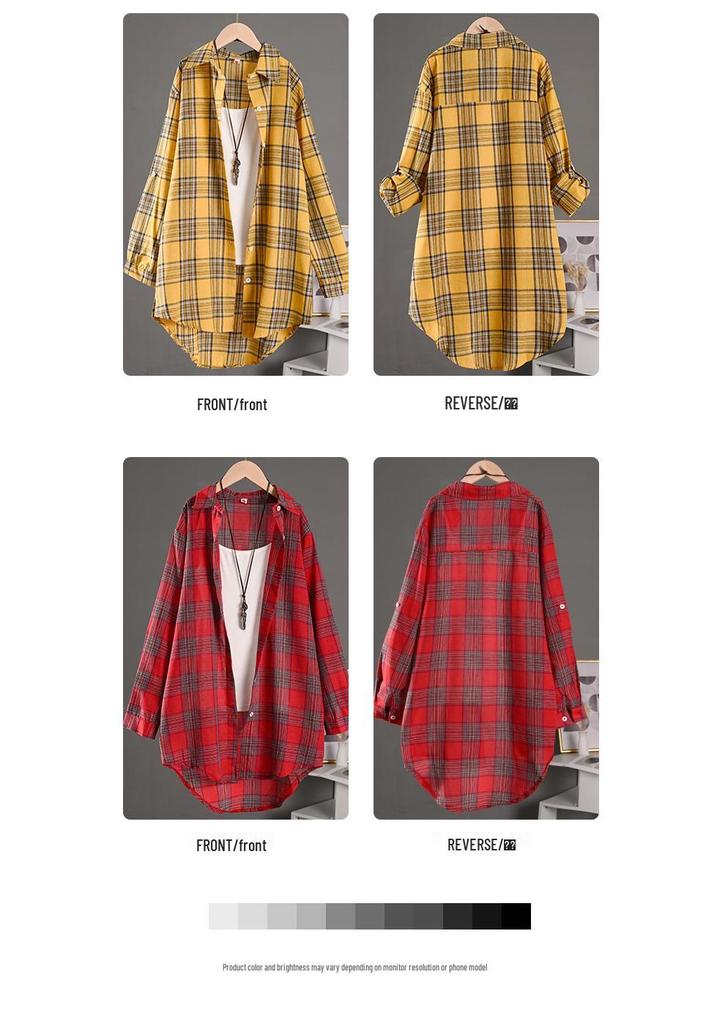 Women's Loose-Fit Cross-Grid Shirt Jacket - High-Low Hem, Long Sleeve, Covers Butt, Cotton Linen, Plus Size