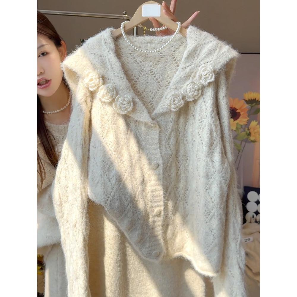 Gentle Wind Hollow Three-dimensional Flower Knitted Cardigan Sweater Women's Loose Lazy Chic Good-looking Navy Collar Jacket