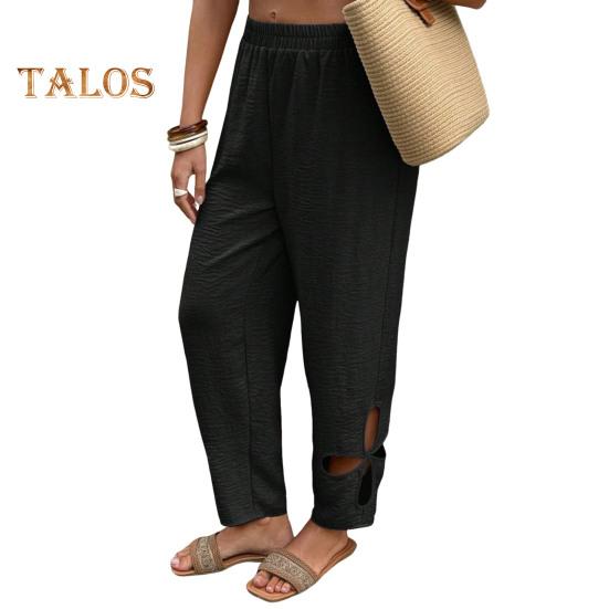 

Женские брюки средней посадки с эластичной талией, однотонные длинные брюки свободного кроя с ажурным цветочным узором, повседневные брюки для повседневной носки XL чёрный