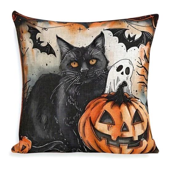 1pc Halloween Cushion Cover Black Cat Pumpkin Witch Castle Print Soft Cozy Pillow Cover Suitable for Halloween Sofa Decoration