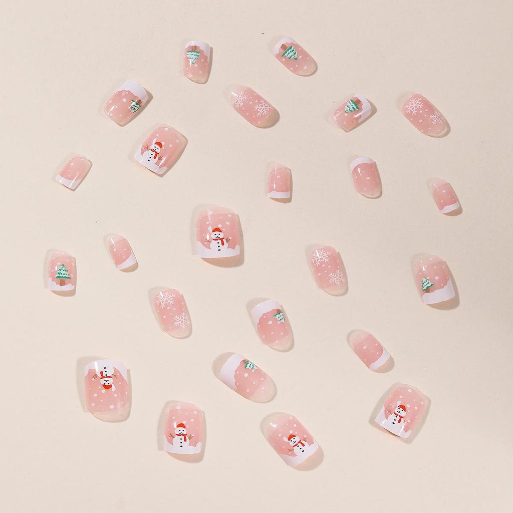 Nude Pink Christmas Press-on Nails with Snowman, Tree & Snowflakes Design