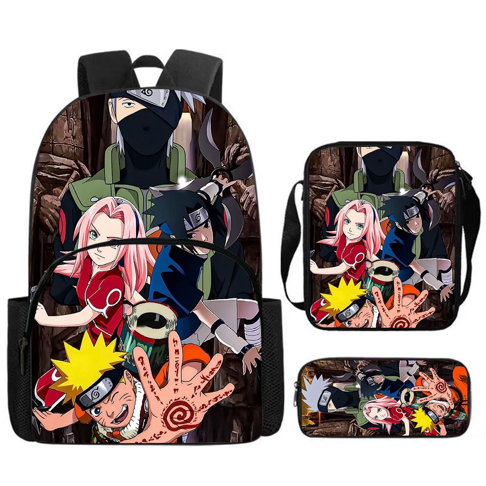 3Pcs Set NARUTO Anime School Backpack With Front Pocket & Crossbody Bag & Pencil Bag,Durable&Lightweight,for Boys&Girls Age 5-10