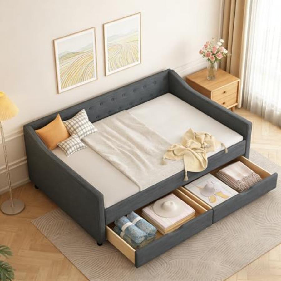 Full Size Daybed with Drawers, Linen Fabric Day beds w/Storage and Button on Back and Piping on Waved Shape Arms, Upholstered T