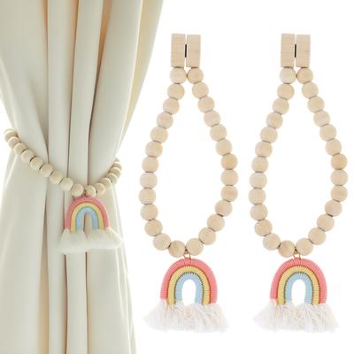 2 Pcs Magnetic Wooden Bead Curtain Tiebacks Minimalist Rainbow Tassel for Bedroom Living Room Patio