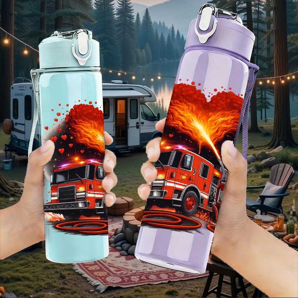 1PC Burning Fire Truck Art 750ml Color Plastic Sports Water Bottle Leakproof Flip Straw Lid Suitable for Sports Office Home Use