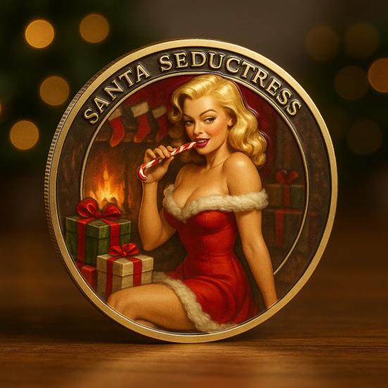 Christmas Temptation Coin Pin-Up Inspired Adults Holiday Token Metal Collectible Coin Decoration Round Keepsake Badge Stocking Stuffer Gag Gift