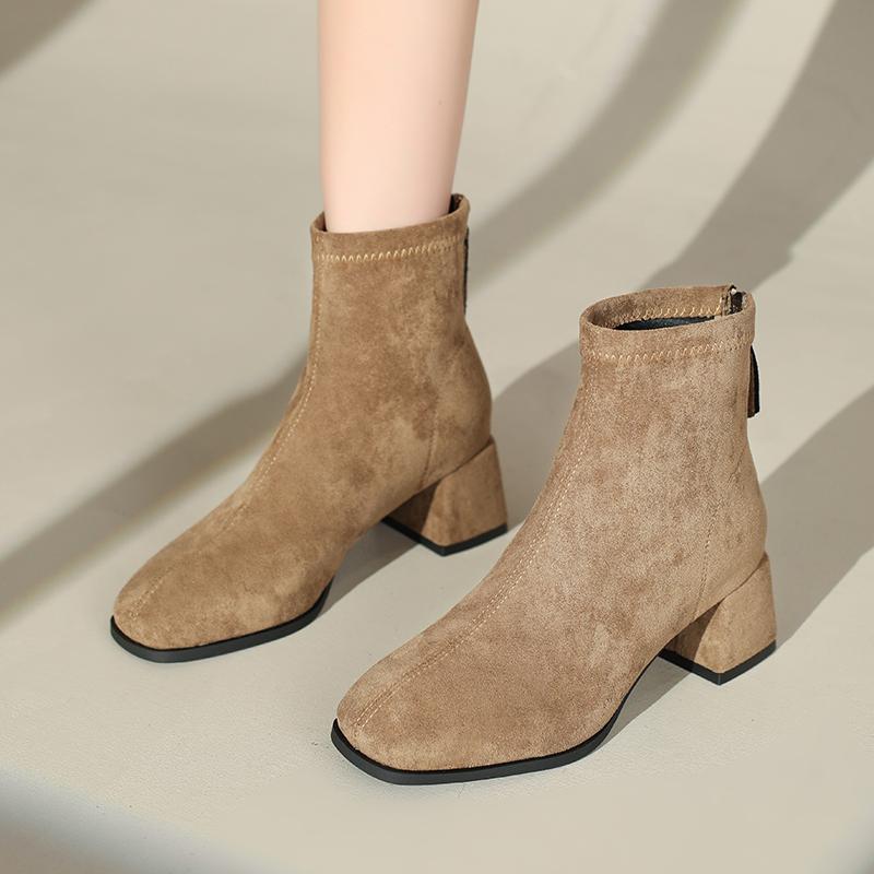 Autumn Vintage Suede Women Ankle Boots Ladies Concise Pointed Toe Thick Heel Short Botas Zapatos De Mujer