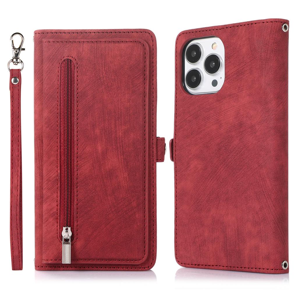 For iPhone 16 Pro Case Zipper Pocket 9 Card Slots PU Leather Phone Cover with Wrist Strap