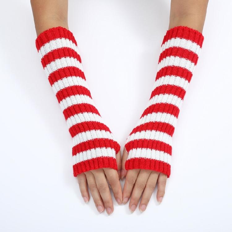 Teenagers Winter Half Finger Mitten Stripe Pattern Knit Keep Warm Lengthen Wrist