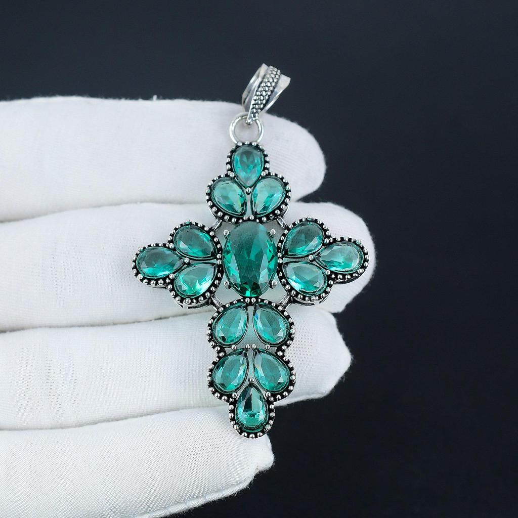 Dainty Aqua Appetite Gemstone Silver Cross Pendant in 925 Sterling Silver - Handmade Pear Design, Everyday Wear Jewelry Gift For Her