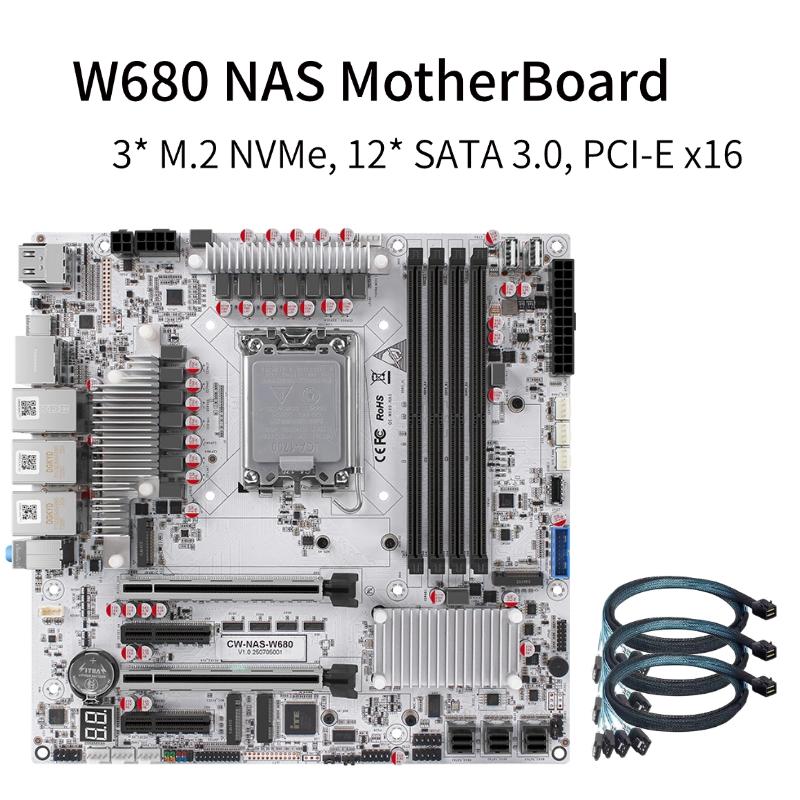W680 LGA1700 NAS-Motherboard 12.-14. Gen Intel Core DDR5 PCIe 5.0 12×SATA 3.0 3×M.2 NVMe All-in-One NAS-Server-Workstation für DIY-Enthusiasten