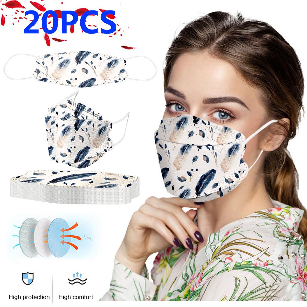 20PCS Unisex Adult Feather Print Outdoor Mask Protective Disposable Face Mask