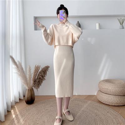 Ensemble de robe en laine tricotée, deux pièces, tenue de printemps pour femme, mi-longue, couleur unie, col rond, pull à manches longues, hiver