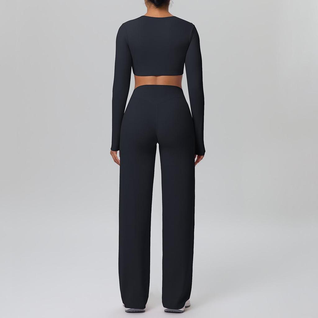 European Sportswear Yoga Set: Long Sleeve Top with Chest Pads and Breathable Straight-Leg Pants for Women