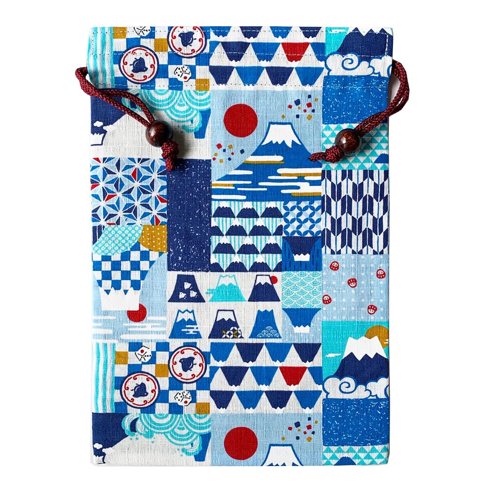 

Kyosuke Japan-made Goshuincho case bag drawstring cotton 100 approximately 26.518cm Engi-ya Fujiyama blue Japanese pattern large pouch travel gift