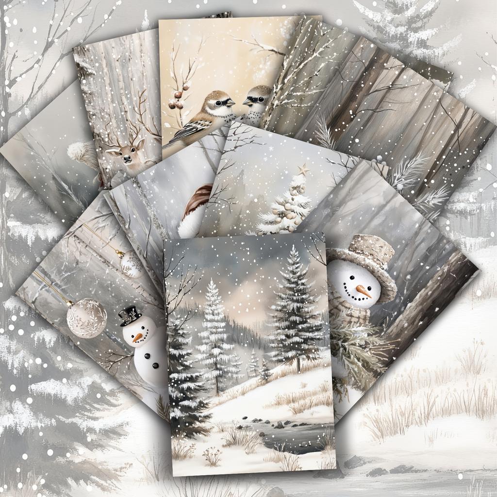 20pcs Winter Forest Christmas Card Illustrations Featuring Santa Claus Reindeer Snowman Handicrafts Holiday Decor Xmas Postcards