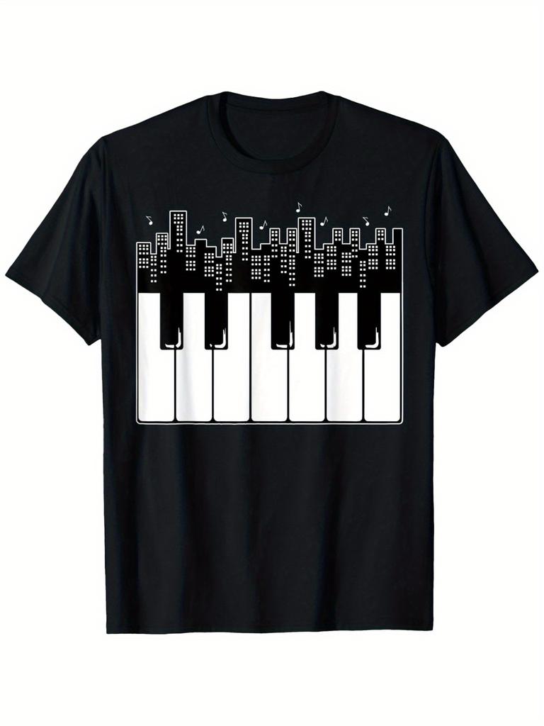 A T-Shirt for Music Lovers Featuring a Skyline of Piano Keys, Designed for Men with a Casual And Sty