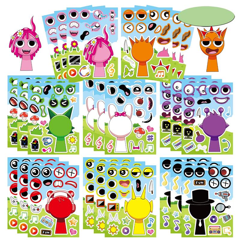 8/16Sheets Anime Sprunki Funny Puzzle Sticker Make a Face Decals Game Kids Toys Cartoon Assemble Jigsaw Children Party Gift