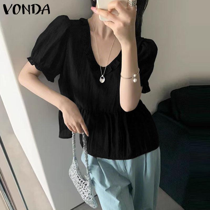 VONDA Elegant Women V Neck Puff Sleeve Ruffled Casual Loose Blouse