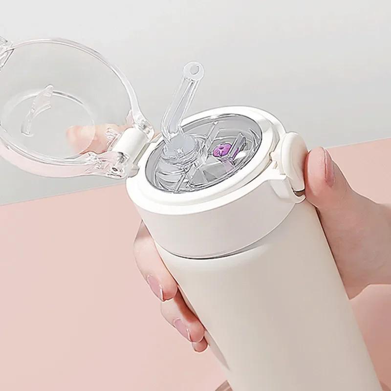 Módní nerezová vakuová termoska se slámkou Přenosný roztomilý termoskový hrnek Cestovní termická láhev na vodu Tumbler Termohrnek 380ML