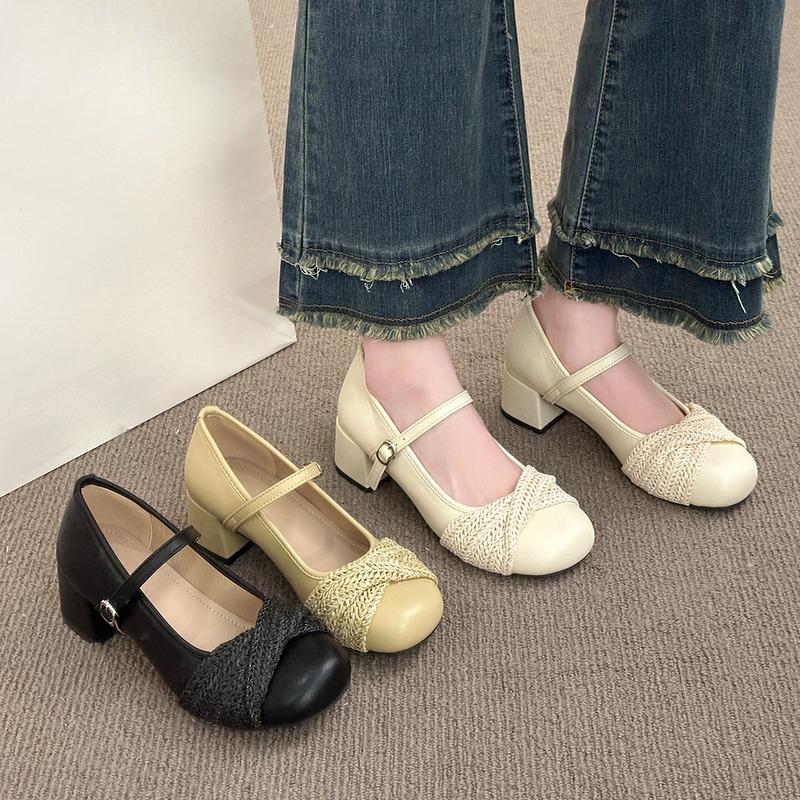 Nuove Scarpe Basse da Donna Primavera e Autunno Scarpe Mary Jane Francesi a Punta Tonda Bocca Bassa con Cinturino Singolo