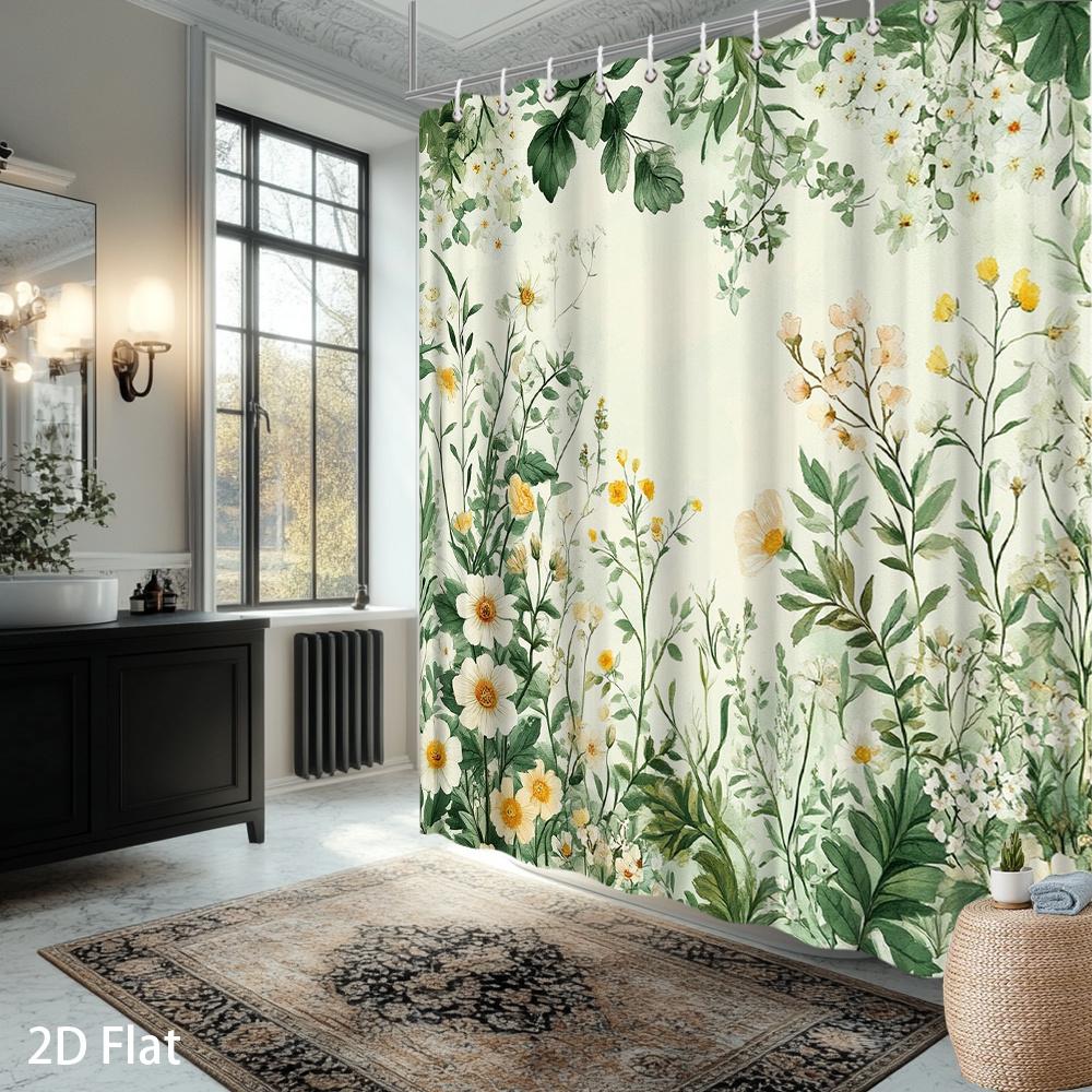 Floral Shower Curtain – White & Yellow Flowers With Green Leaves, Waterproof Polyester, 72X72 Inch, Botanical Bathroom Decor
