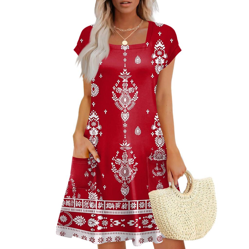 Summer Dresses For Women Loose Square Neck Cap Sleeve Casual Beach Vacation Tshirt Dress Sundresses With Pockets