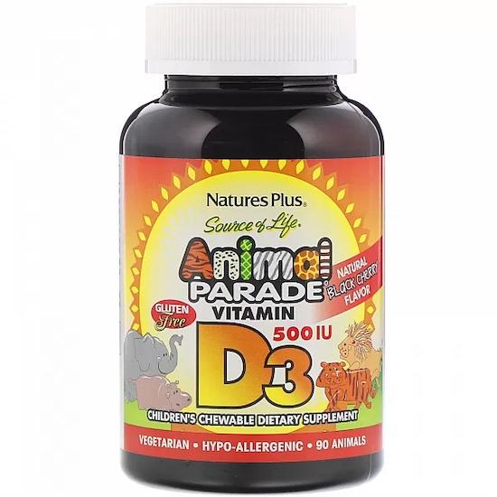 Nature's Plus Source of Life, Animal Parade, Vitamin D3, Natural Black Cherry Flavor, 500 IU, 90 Animal-Shaped Tablets